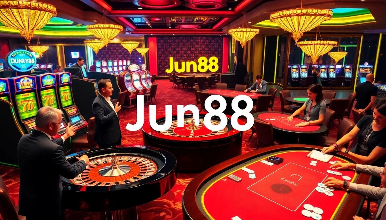 Players enjoying the excitement at Jun88 casino with vibrant tables and colorful chips.