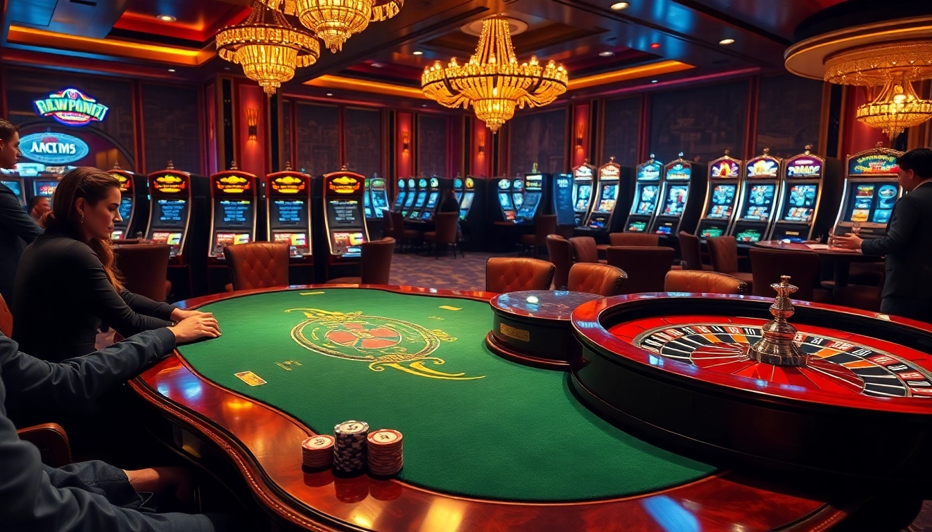 Experience the excitement of a luxurious casino scene featuring a poker table and slot machines, showcasing the thrill of 32 win.
