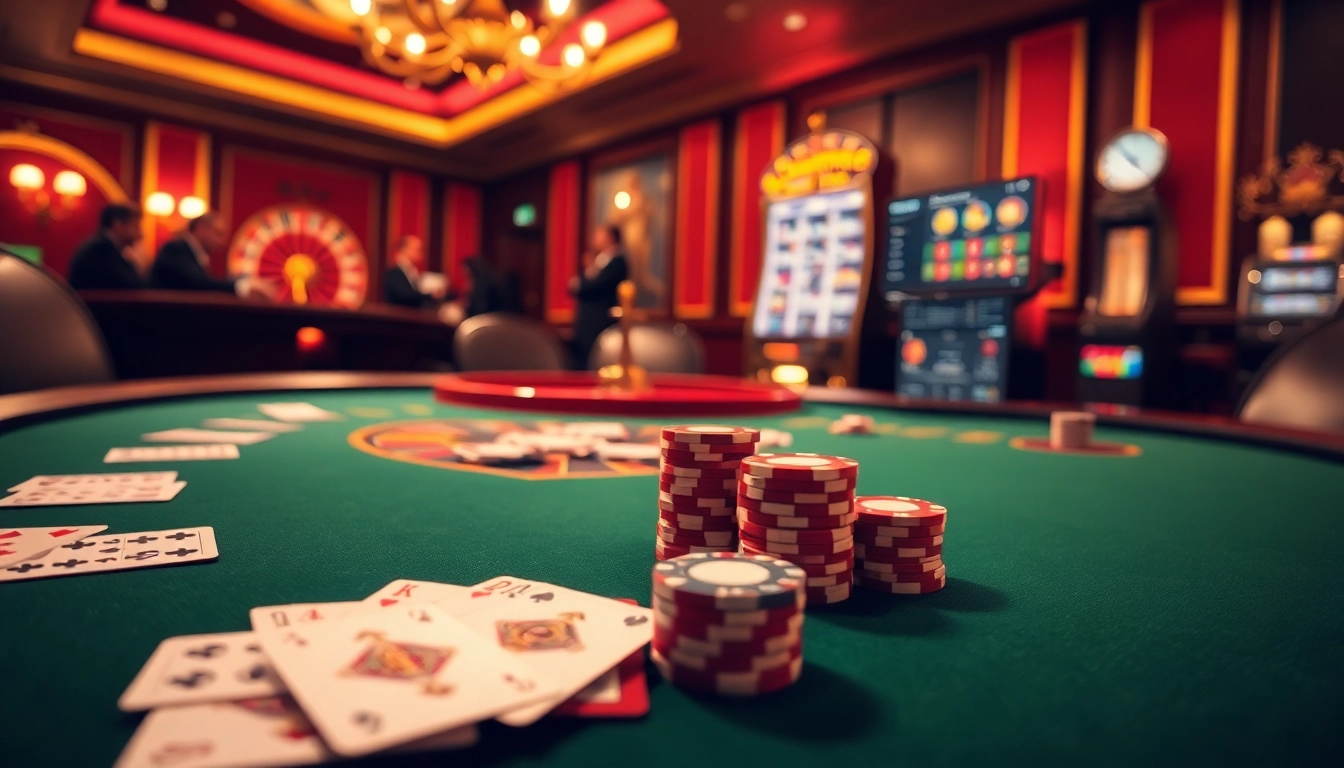 Experience the thrill of online gambling at 99ok.co.im with a luxurious poker table and vibrant casino elements.