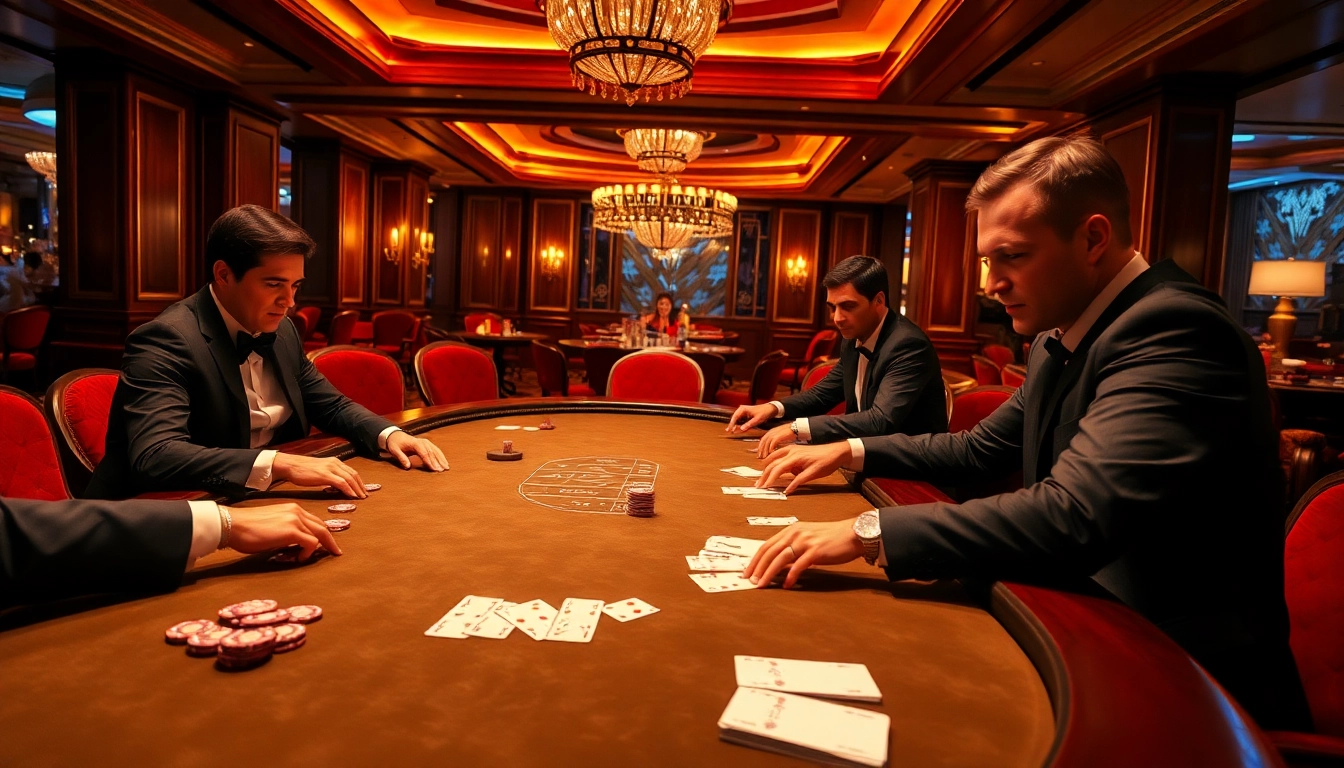 Experience the thrill of high-stakes poker with LC88marketing branded elements in a luxurious casino setting.