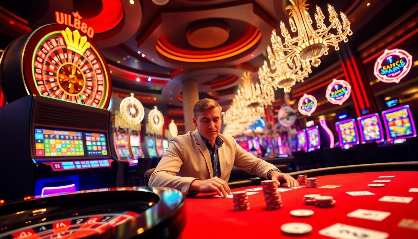 Enthusiastically playing at the UU88 casino table, surrounded by vibrant slot machines and action.