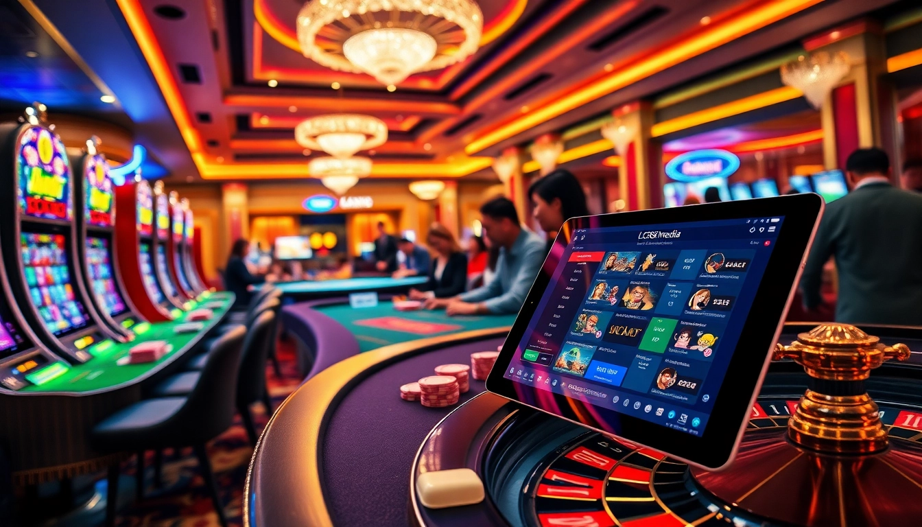 Engaging in online casino games at LC88media, showcasing vibrant tables and slot machines.