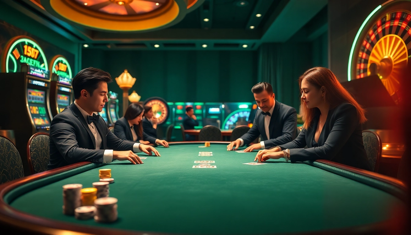 NK88 players strategizing at a luxurious poker table with professional dealers.