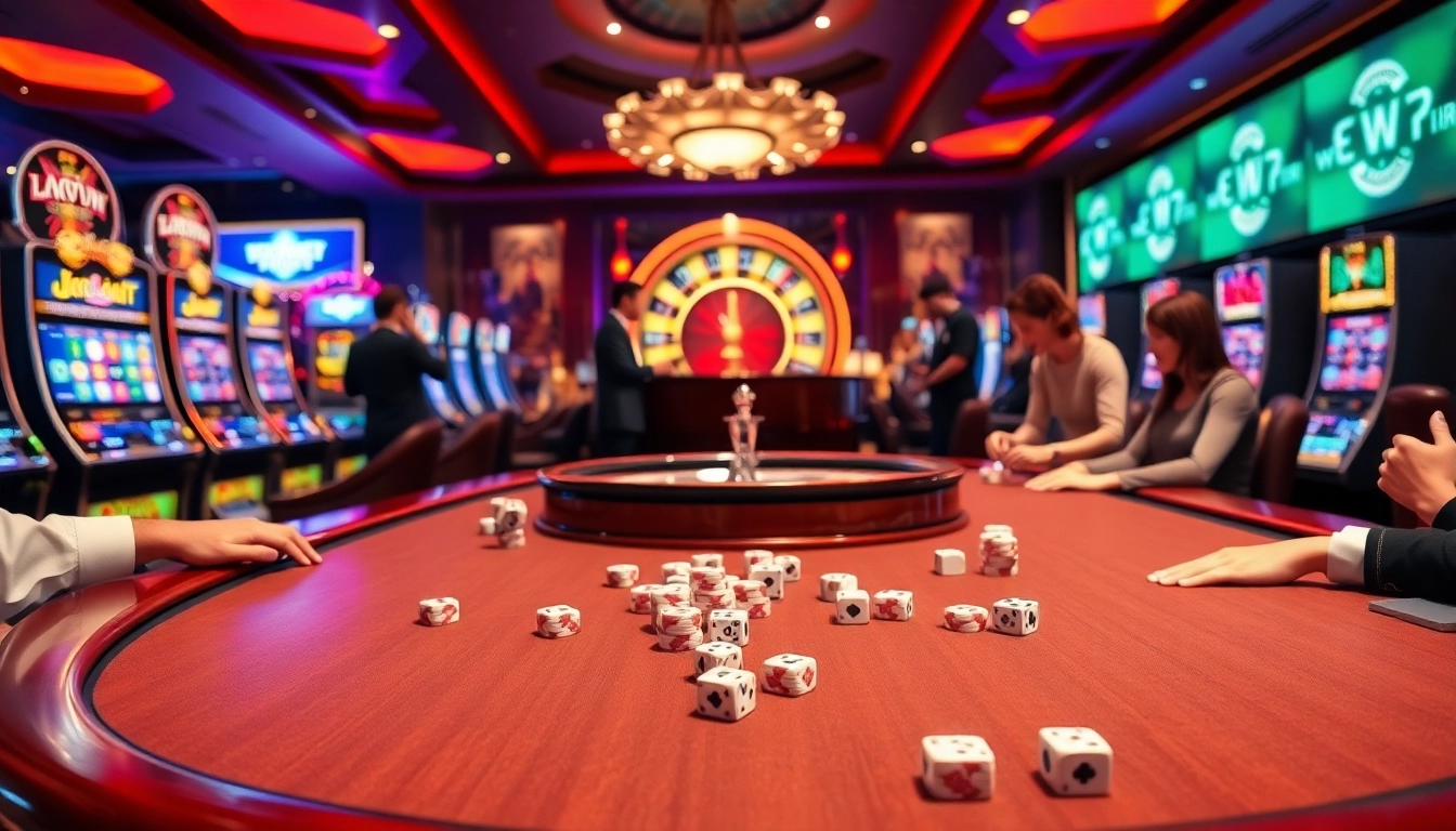 Experience excitement at win55win.live with players enjoying poker and vibrant slot machines.