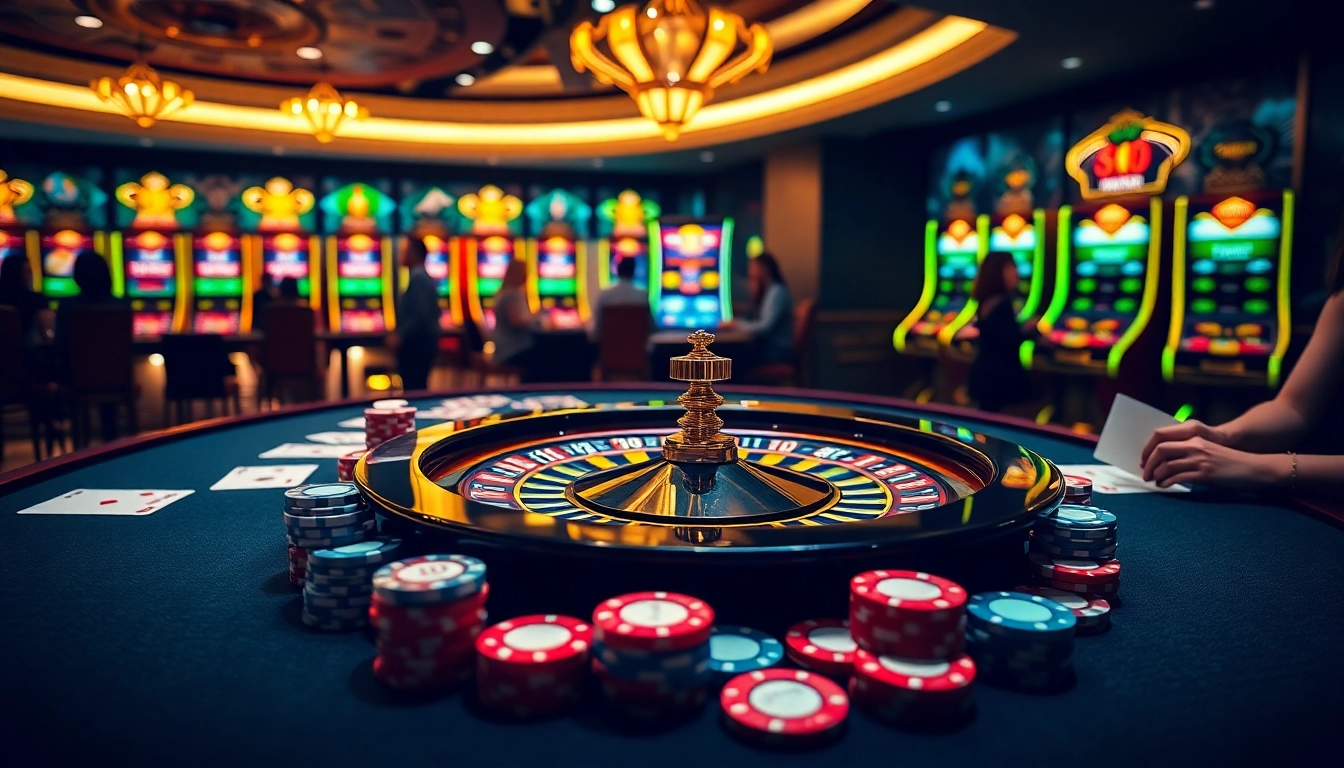 Engaged players experiencing the excitement of gambling at lucky88 casino tables with vibrant chips and cards.