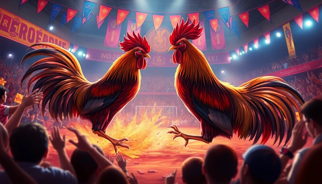 Live rooster fighting event at dagawin.live, showcasing intense competition and vibrant atmosphere.
