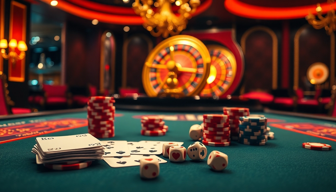 Experience thrilling gaming action at tr88 with poker chips, cards, and a roulette wheel.